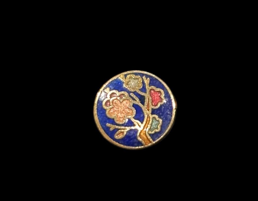 Vintage 1970s Cloisonné Blue Enamel Round Flower & Branch Gold Tone Mini Pendant